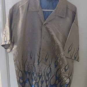MT Taupe Satin Short-Sleeve Shirt with Blue and Black Flame Accents